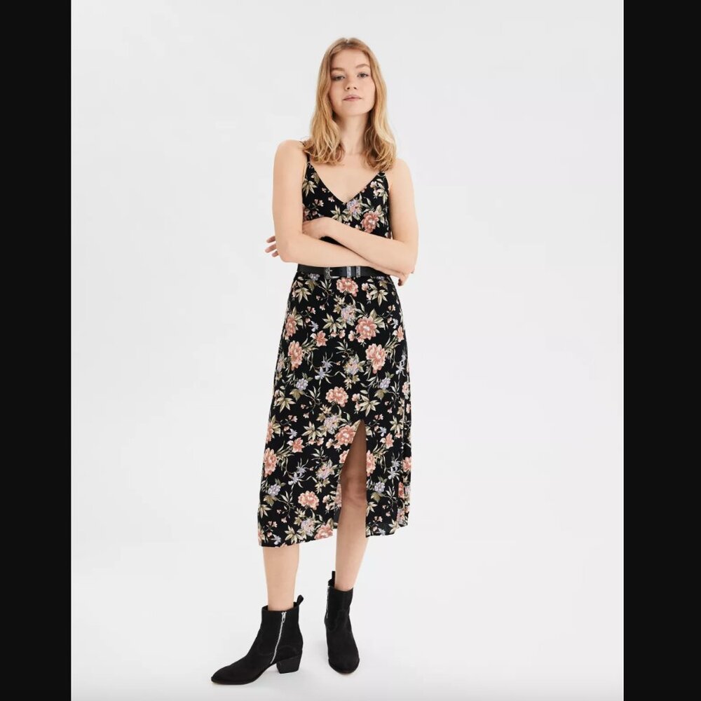 AE American Eagle V Neck Cross Back Midi Dress, Black and Cream Floral
